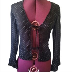 Mexx Black Sheer Mesh Flowy Bellsleeve Front Tie White Polka Dot Blouse, Size 2